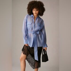 English Factory women’s Sheer Blue belted Button-Up office dress Shirt in sizs M